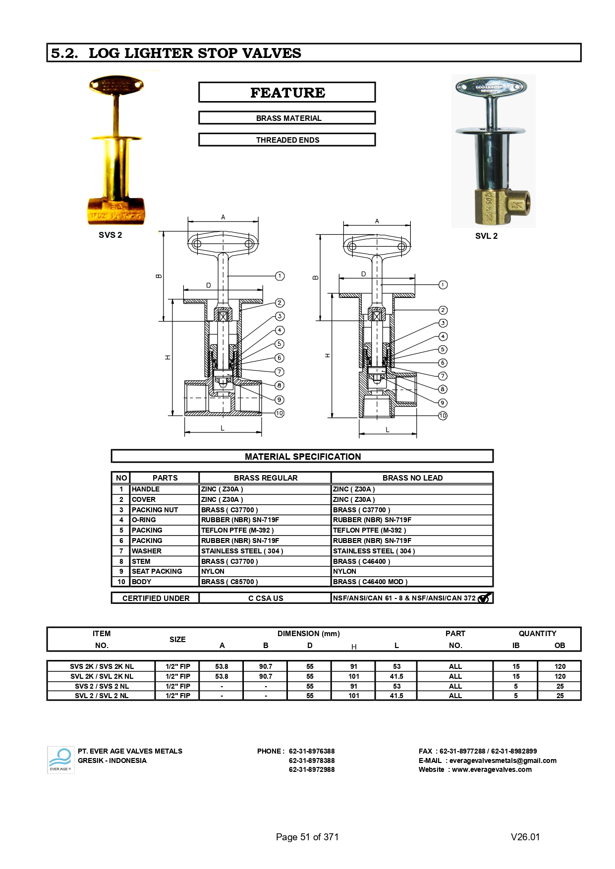 LOG LIGHTER STOP VALVES - SVS 2 - SVL 2 & SVST 2